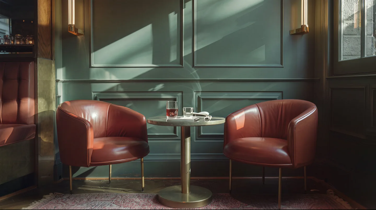 Two chairs and a small table in a quiet corner, lit low.