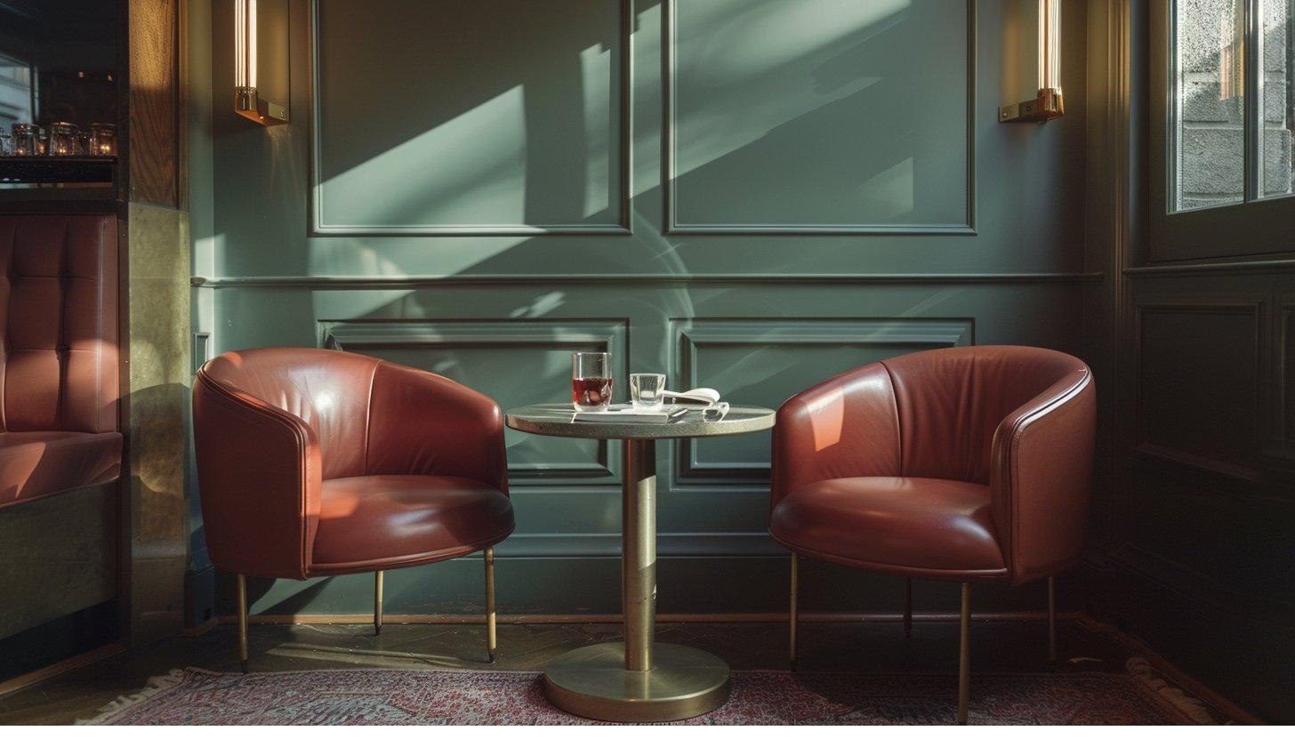 Two chairs and a small table in a quiet corner, lit low.