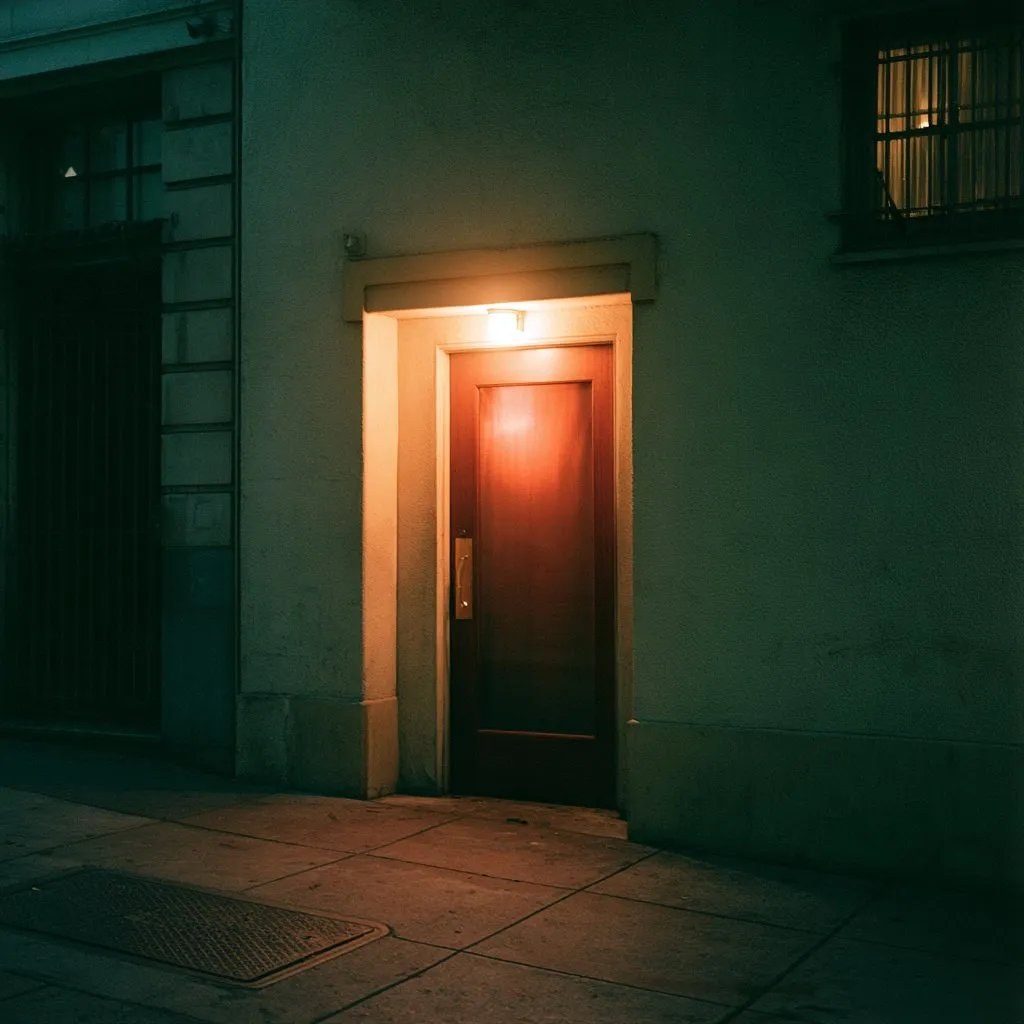 A closed service door on a quiet street at night, one warm lamp burning above it.