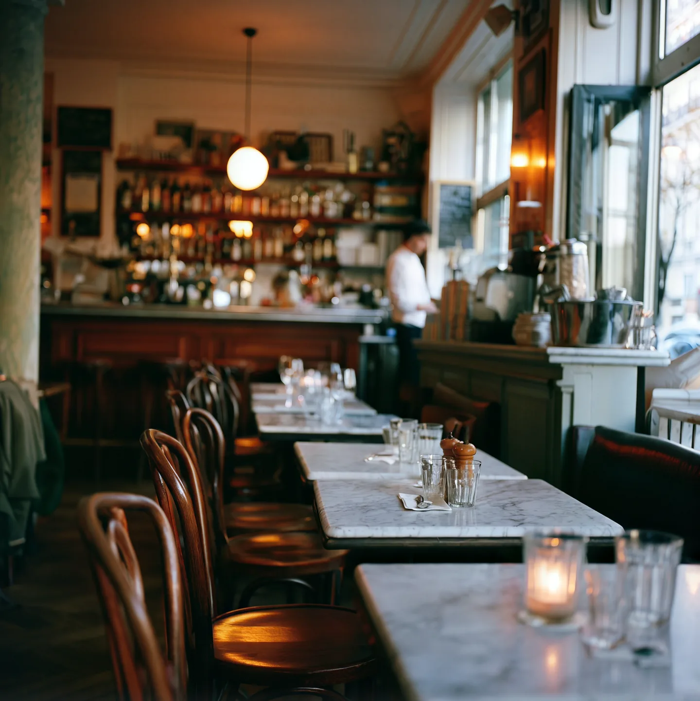 A dining room at evening service, the pass lit behind the room.