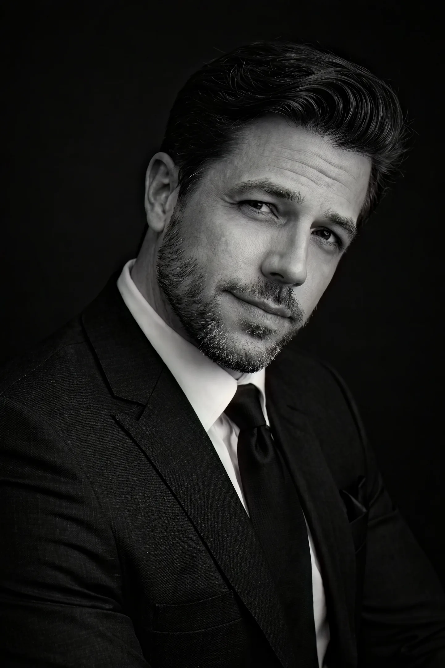 Tony Edgerton in a dark suit and tie, photographed against a black ground.